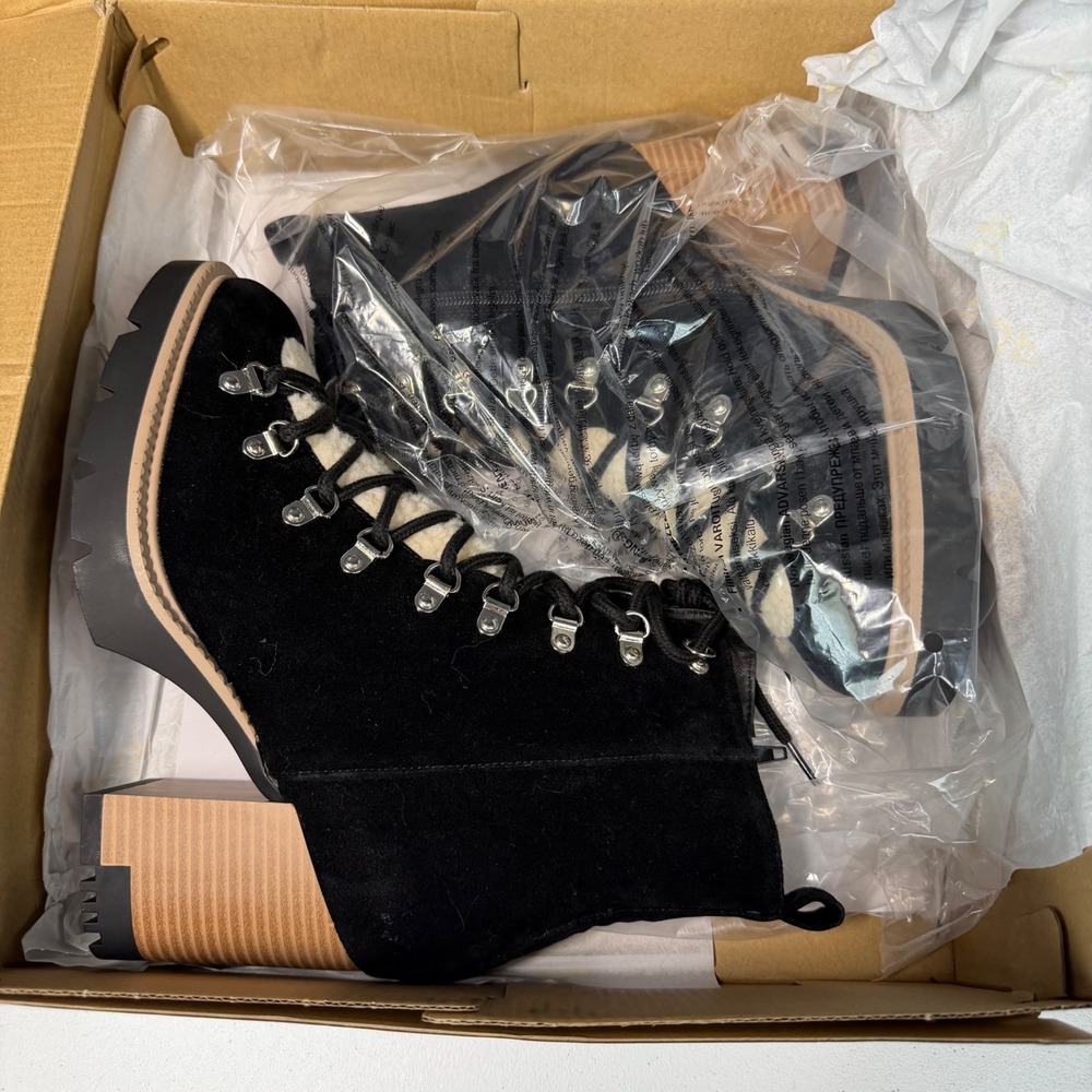 Eliana Hiker Boots Black Suede Faux Fur Trim Lace Up Block Heel Winter 9